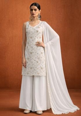 White Sequin Crepe Sharara Set