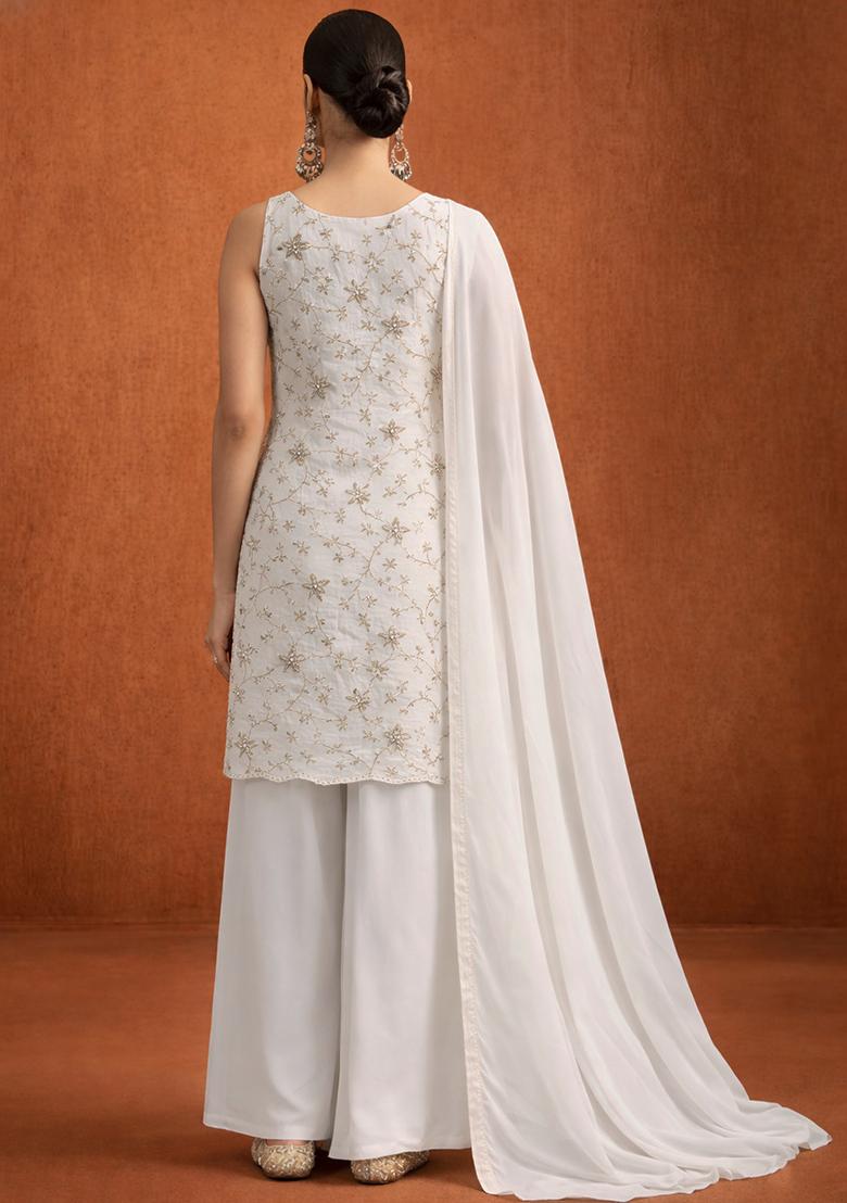 White Sequin Crepe Sharara Set - Indya