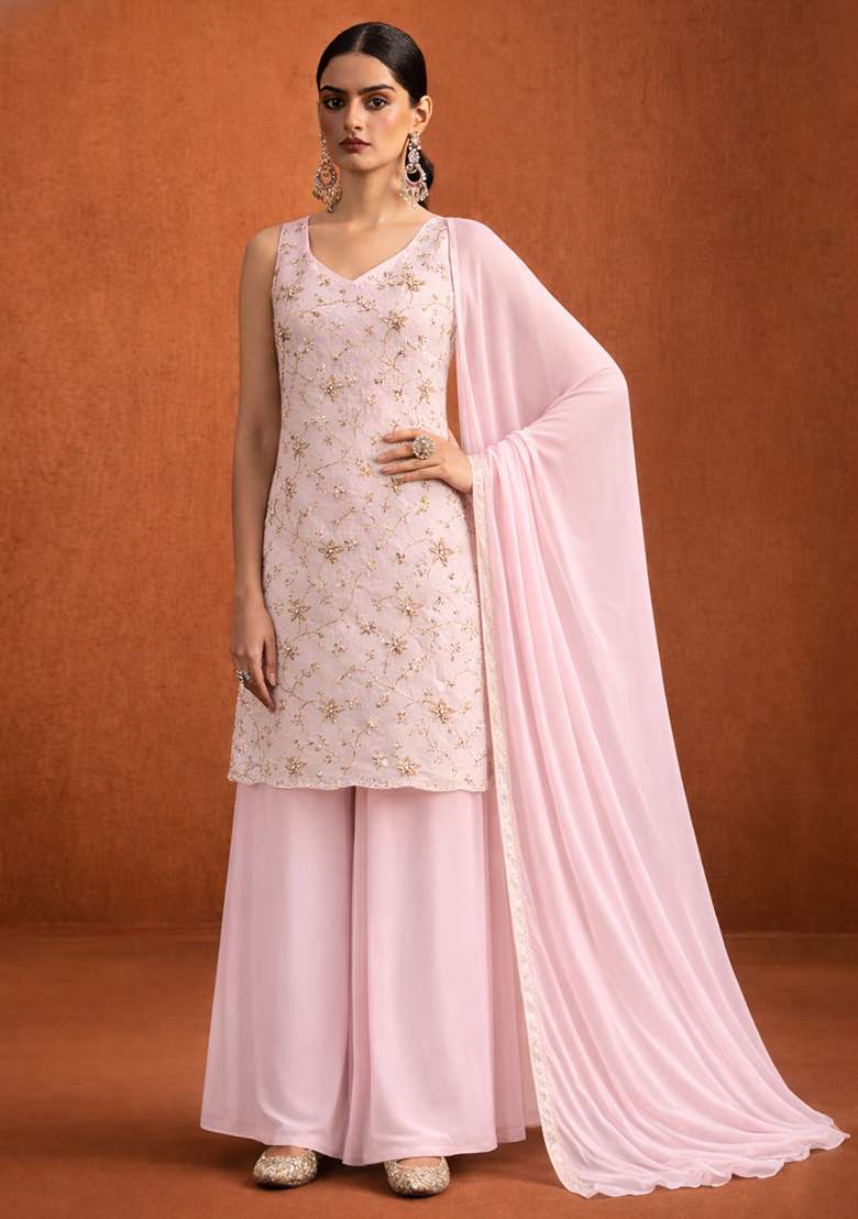Pink Sequin Crepe Sharara Set - Indya