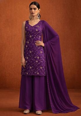 Purple Sequin Crepe Sharara Set