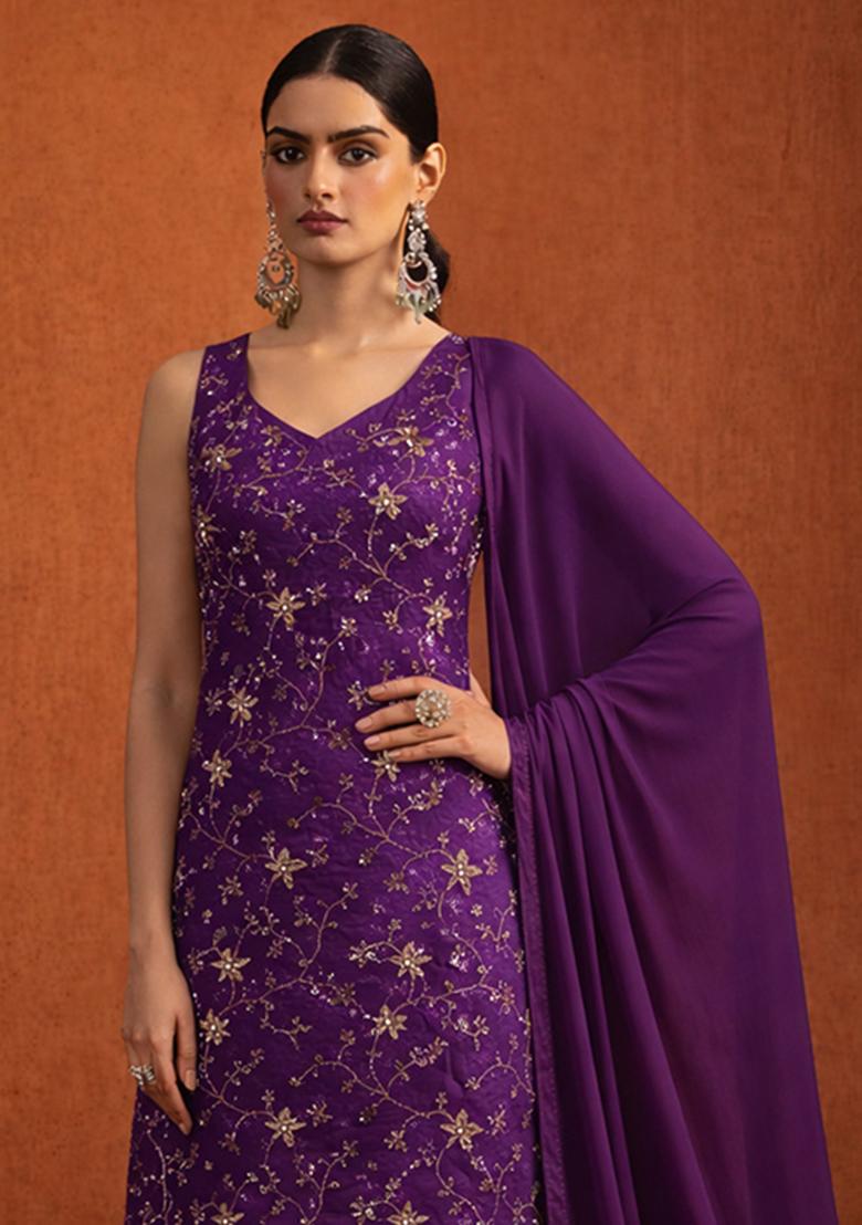 Purple Sequin Crepe Sharara Set - Indya