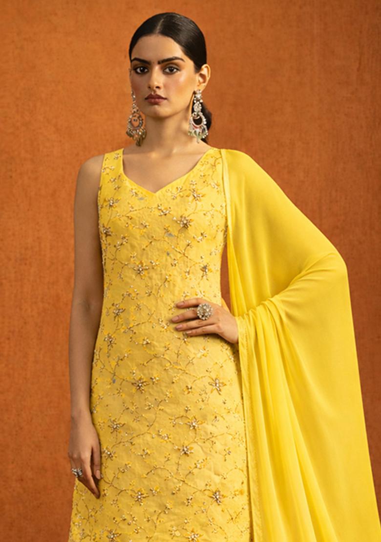 Yellow Sequin Crepe Sharara Set - Indya