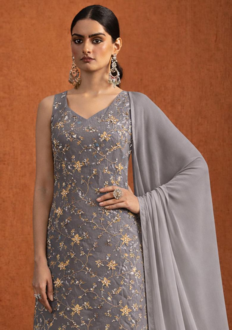 Grey Sequin Crepe Sharara Set - Indya