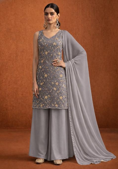 Grey Sequin Crepe Sharara Set