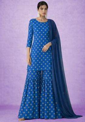 Royal Blue Embroidered Chinon Sharara Set