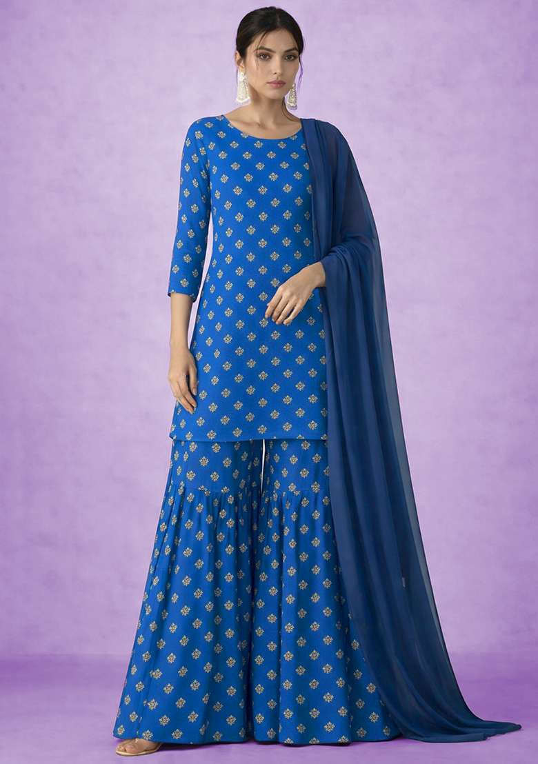 Royal Blue Embroidered Chinon Sharara Set - Indya