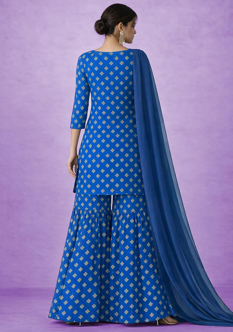 Royal Blue Embroidered Chinon Sharara Set - Indya