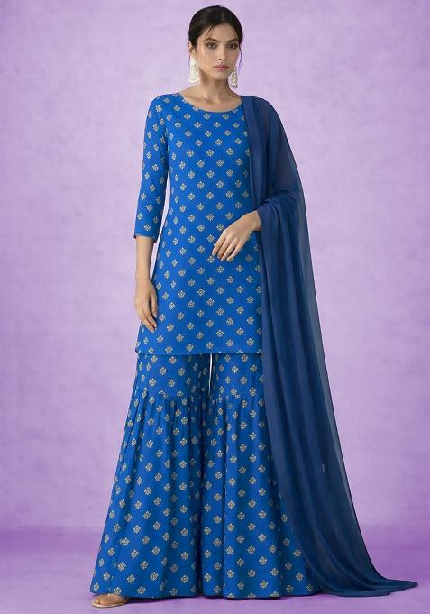 Royal Blue Embroidered Chinon Sharara Set