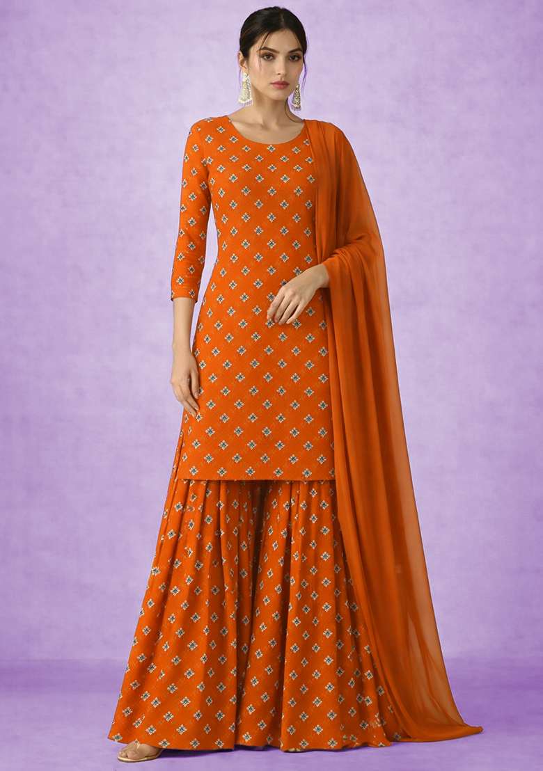 Orange Embroidered Chinon Sharara Set - Indya