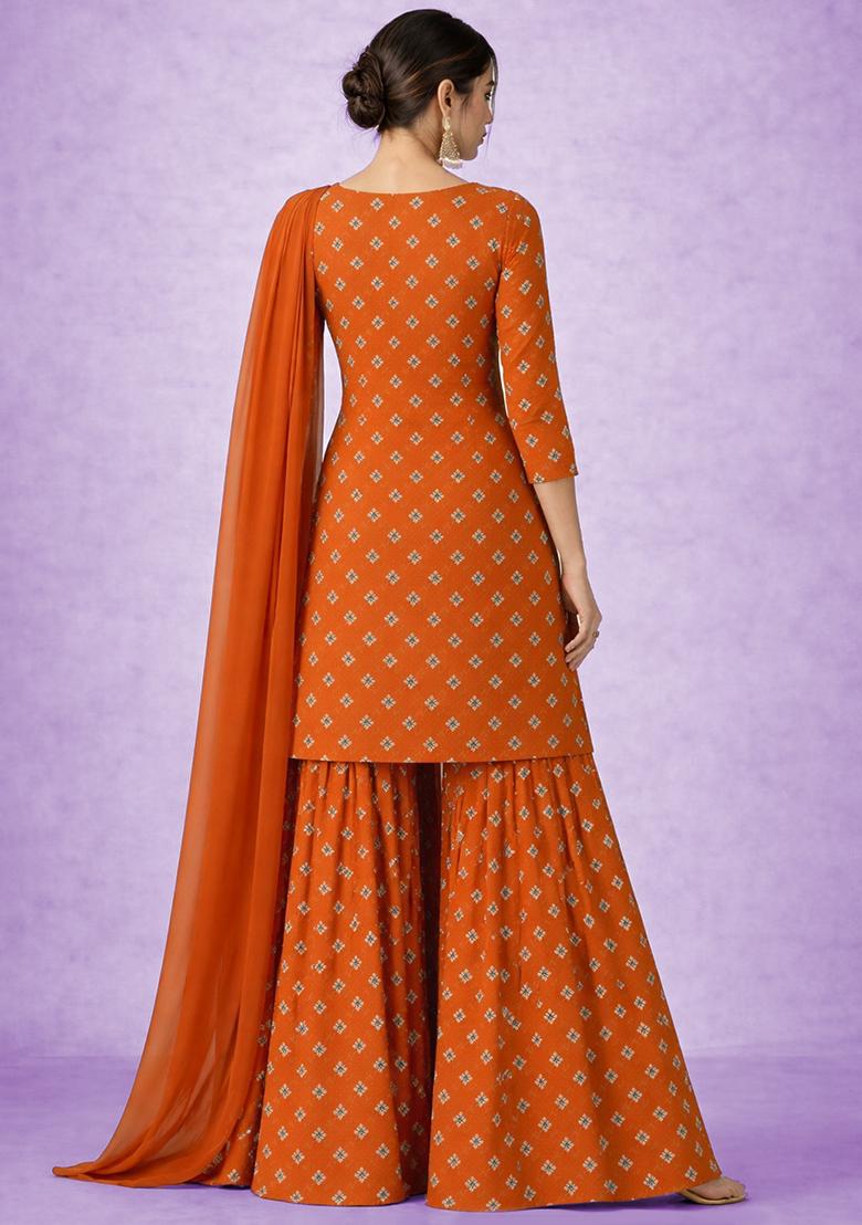 Orange Embroidered Chinon Sharara Set - Indya