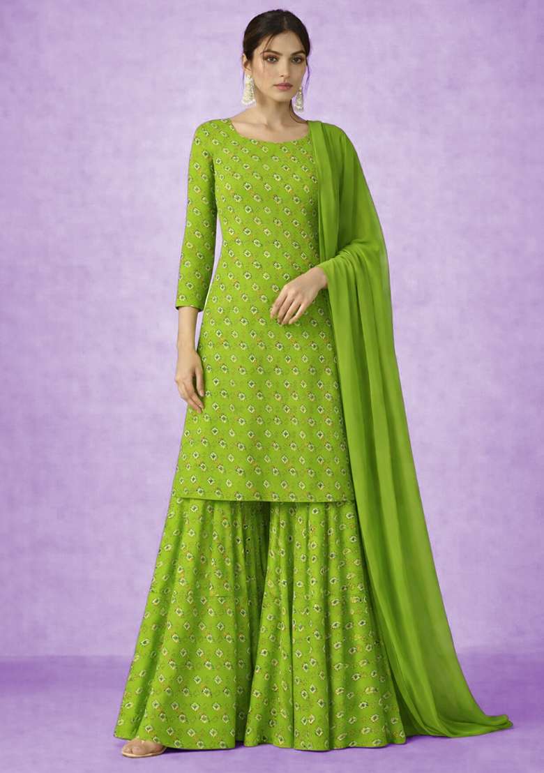Pistachio Green Embroidered Chinon Sharara Set - Indya