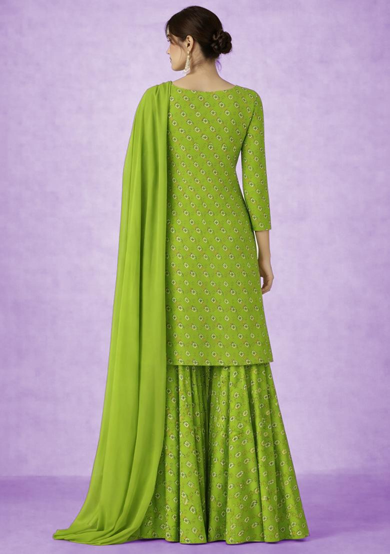 Pistachio Green Embroidered Chinon Sharara Set - Indya