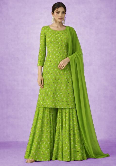 Pistachio Green Embroidered Chinon Sharara Set