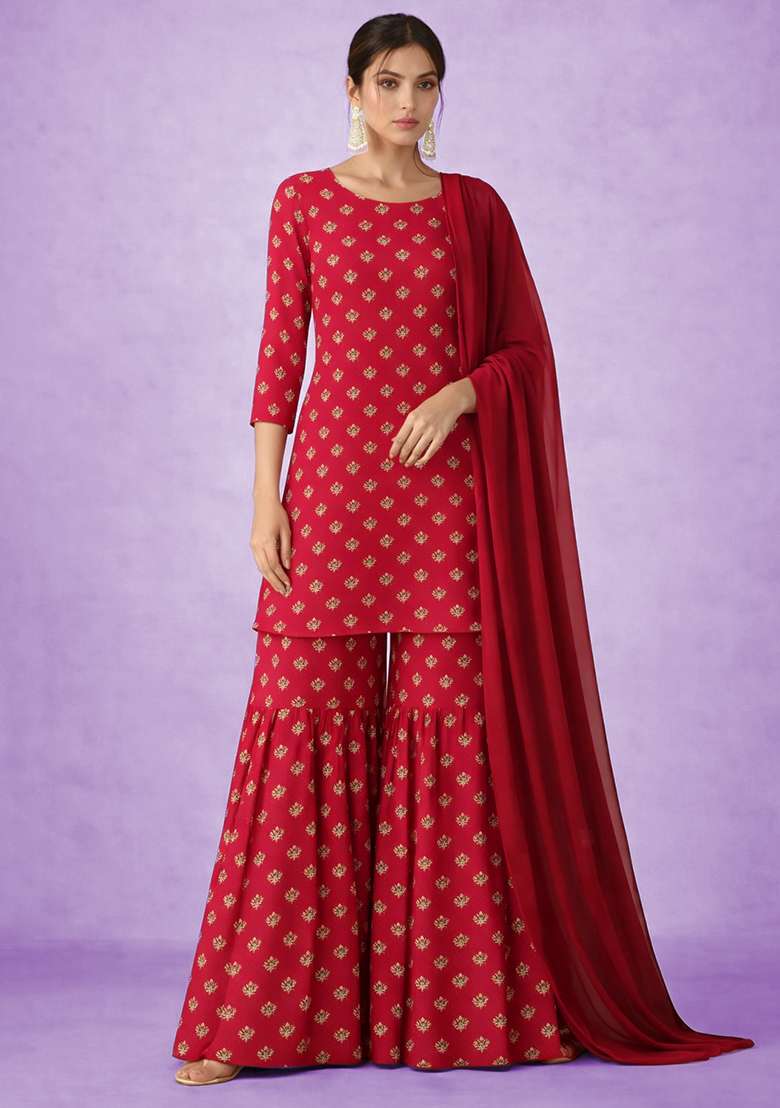 Rani Pink Embroidered Chinon Sharara Set - Indya