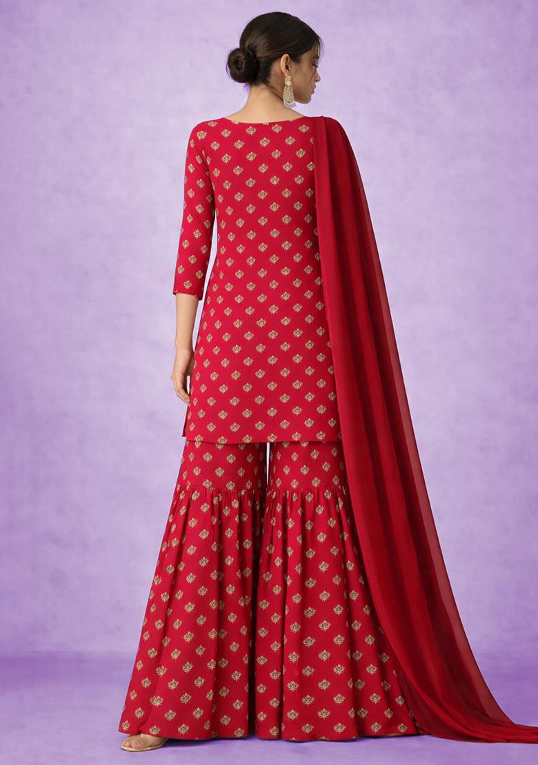 Rani Pink Embroidered Chinon Sharara Set - Indya