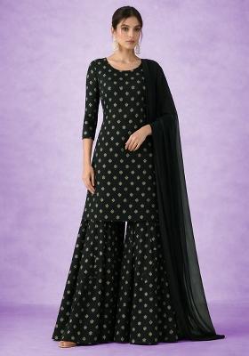 Black Embroidered Chinon Sharara Set