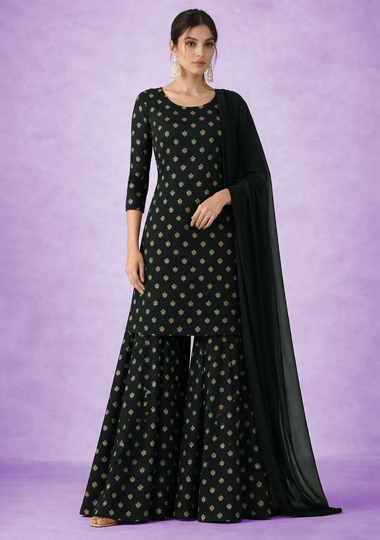 Black Embroidered Chinon Sharara Set - Indya