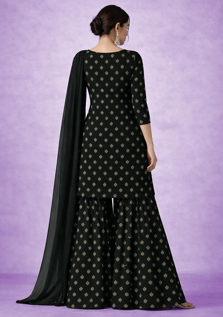 Black Embroidered Chinon Sharara Set - Indya