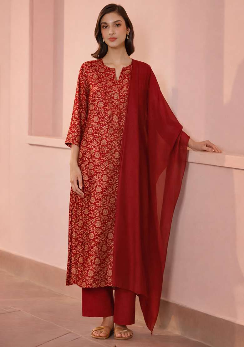 Red Printed Silk Blend Straight Kurta Set - Indya