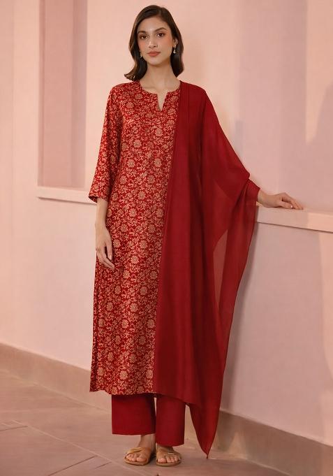 Red Printed Silk Straight Kurta Set