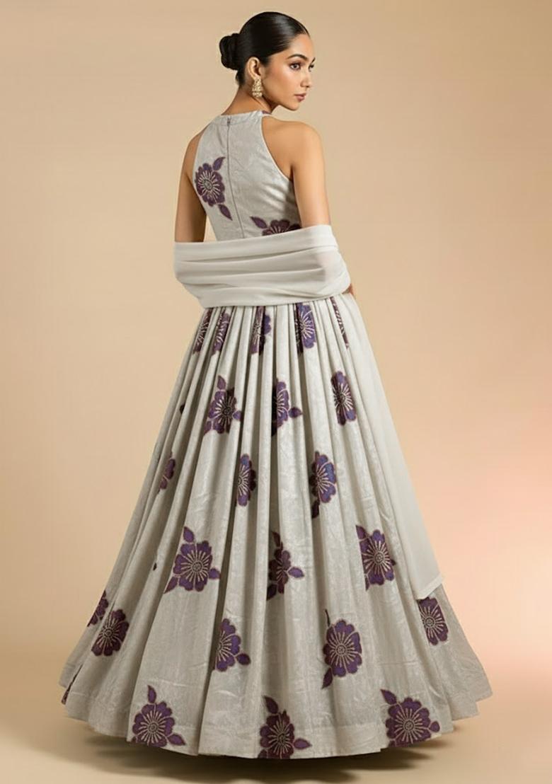 Off White Embroidered Crepe Anarkali With Dupatta - Indya