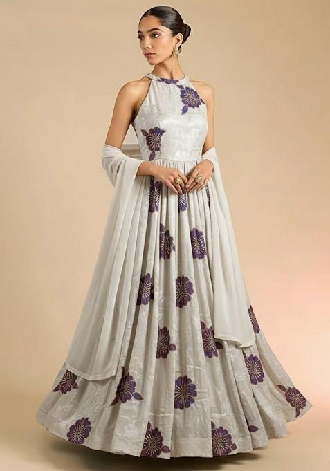 Off White Embroidered Crepe Anarkali With Dupatta