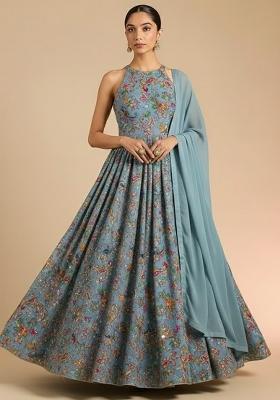 Pastel Blue Embroidered Crepe Anarkali With Dupatta