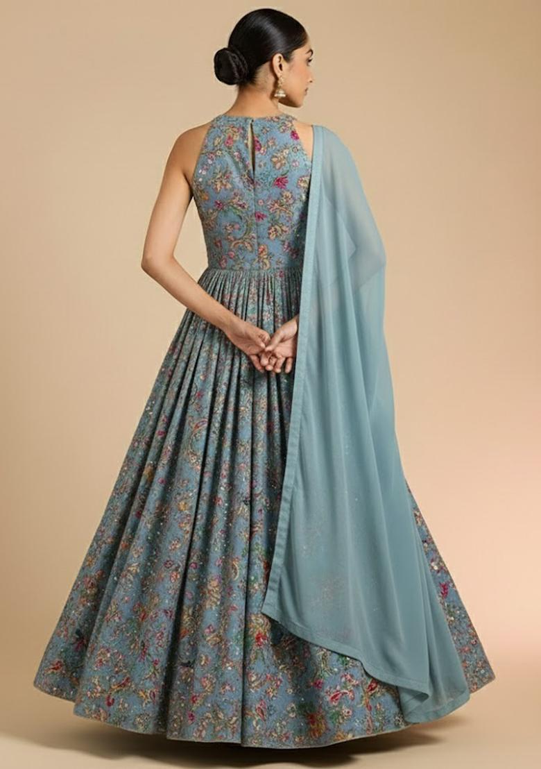 Pastel Blue Embroidered Crepe Anarkali With Dupatta - Indya