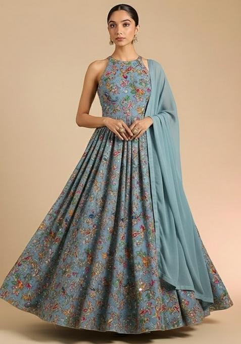 Pastel Blue Embroidered Crepe Anarkali With Dupatta