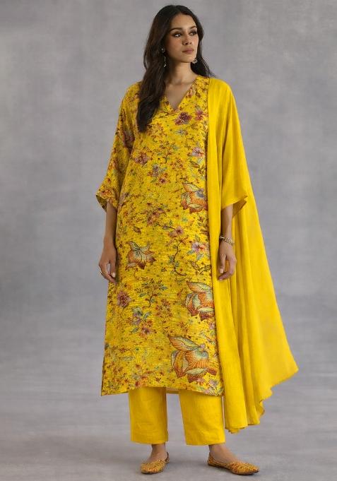 Yellow Floral Print Crepe Straight Kurta Set