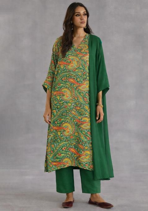 Bottle Green Printed Silk Straight Kurta Set