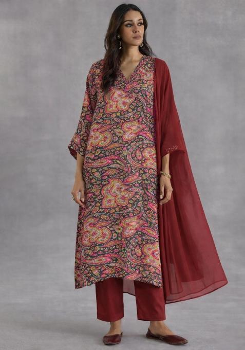 Maroon Printed Silk Straight Kurta Set