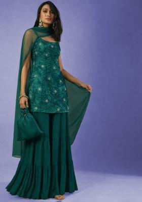 Teal Green Sequin Velvet Sharara Set