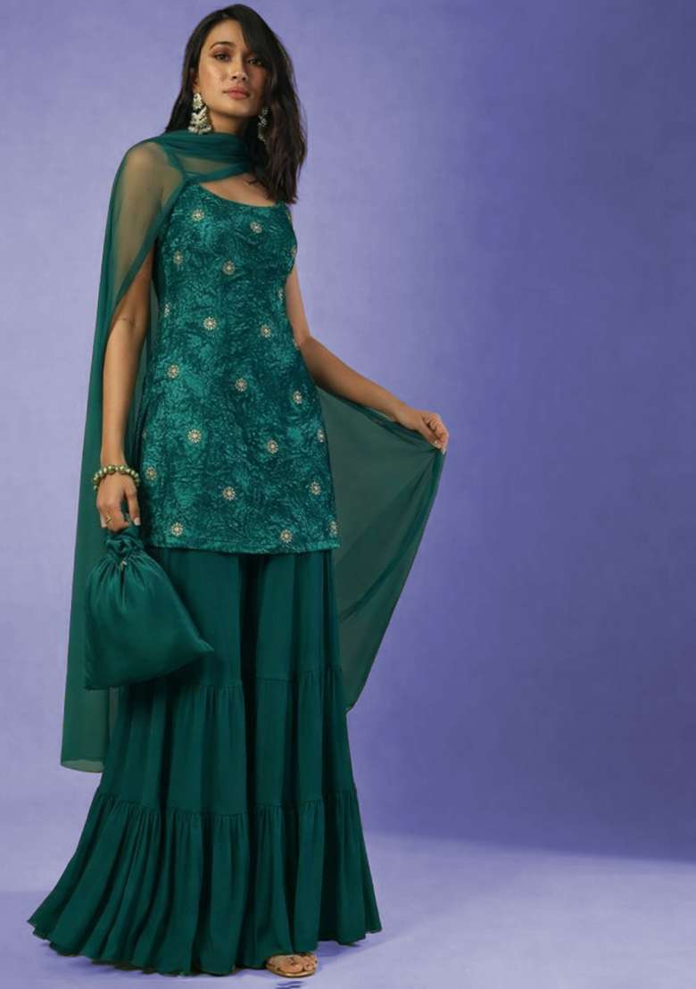 Teal Green Sequin Velvet Sharara Set - Indya