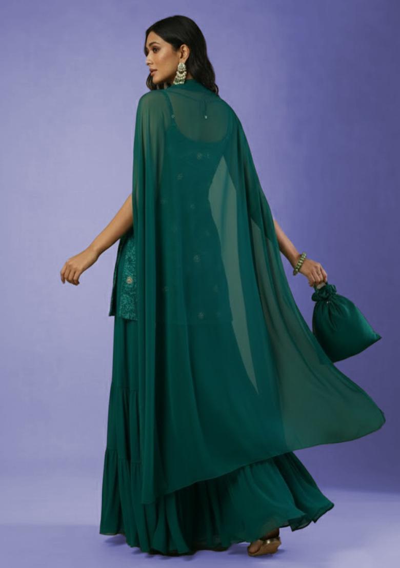 Teal Green Sequin Velvet Sharara Set - Indya