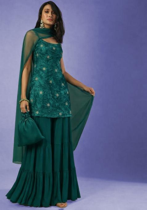 Teal Green Sequin Velvet Sharara Set