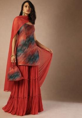 Red Abstract Print Velvet Sharara Set