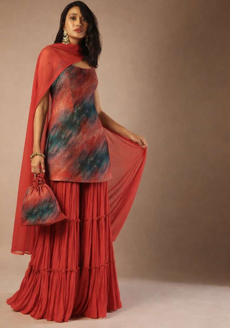 Red Abstract Print Velvet Sharara Set - Indya