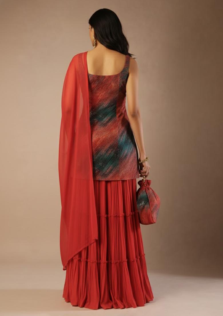 Red Abstract Print Velvet Sharara Set - Indya