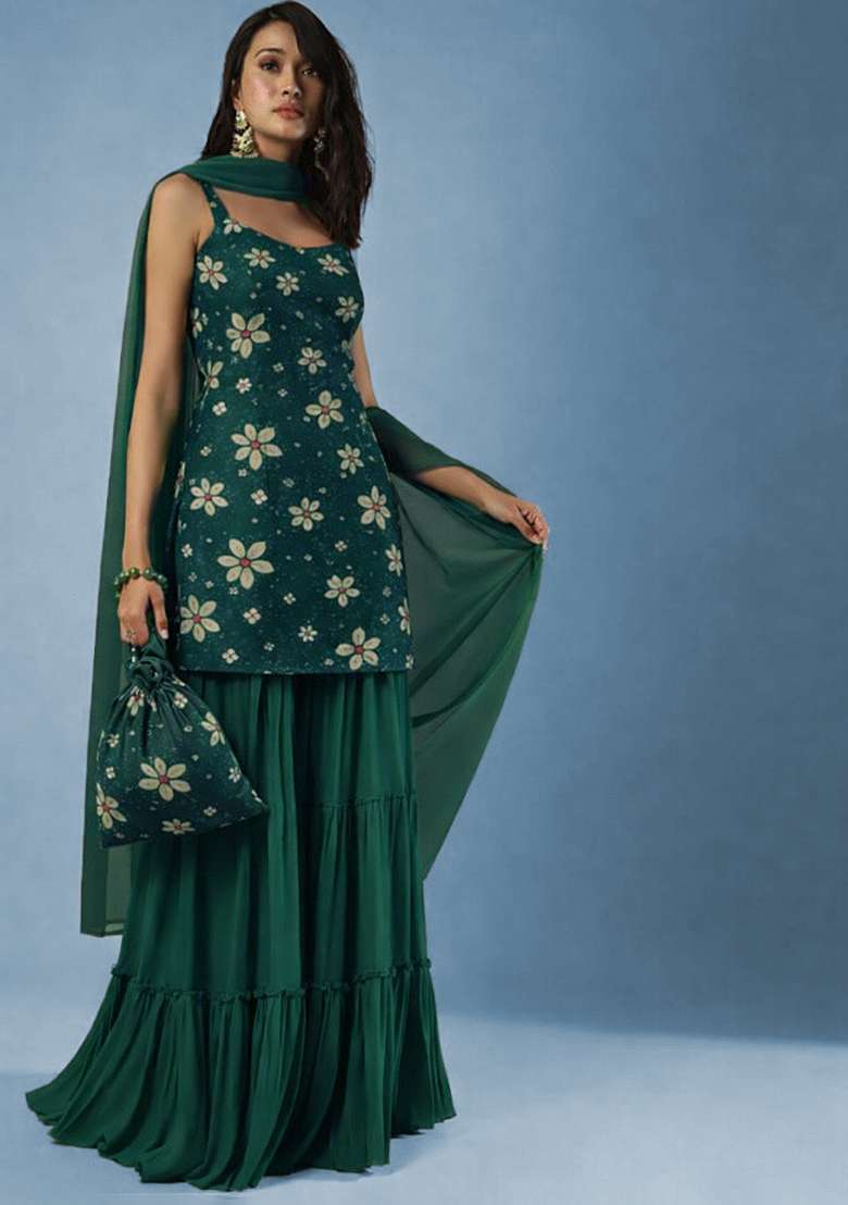 Bottle Green Floral Print Velvet Sharara Set - Indya