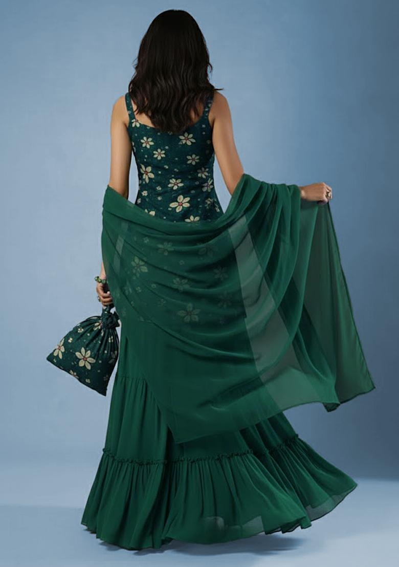Bottle Green Floral Print Velvet Sharara Set - Indya