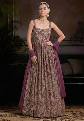 Wine Paisley Print Crepe Anarkali With Dupatta