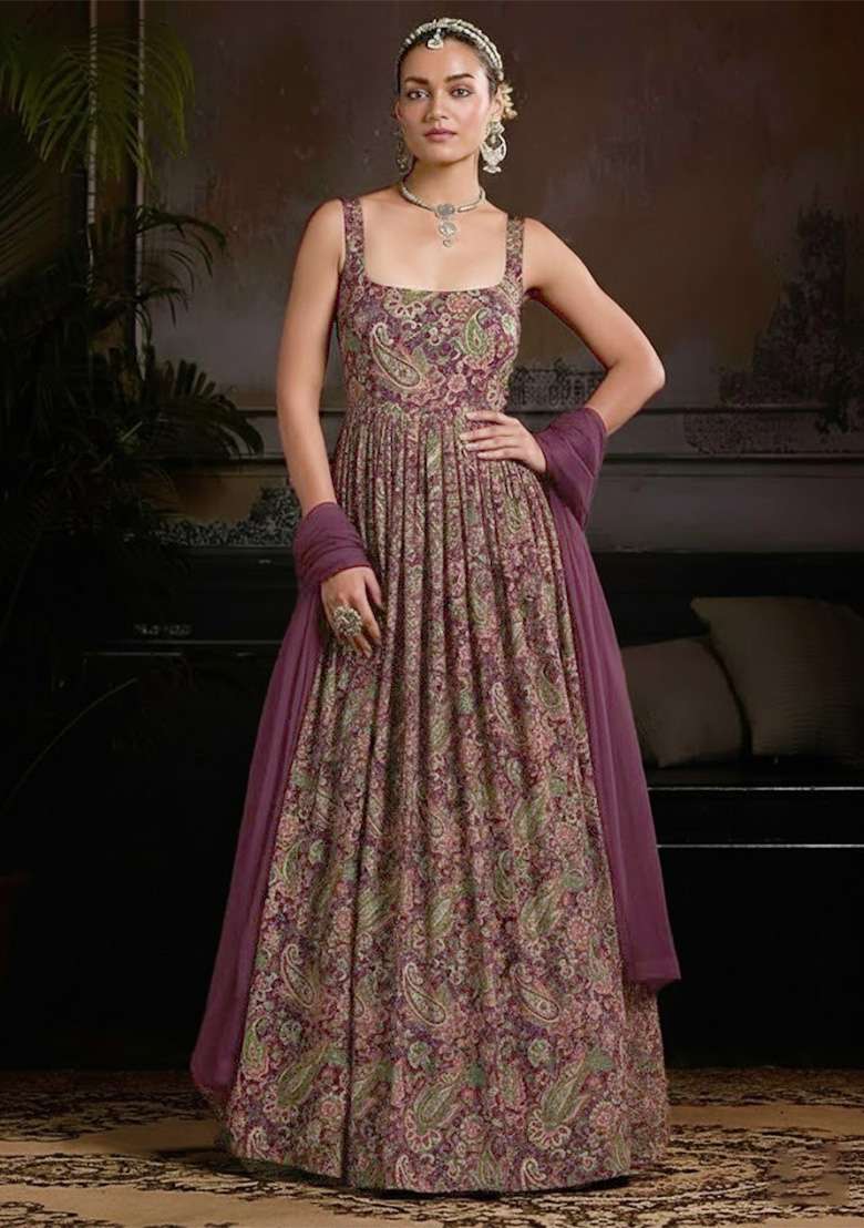 Wine Paisley Print Crepe Anarkali With Dupatta - Indya