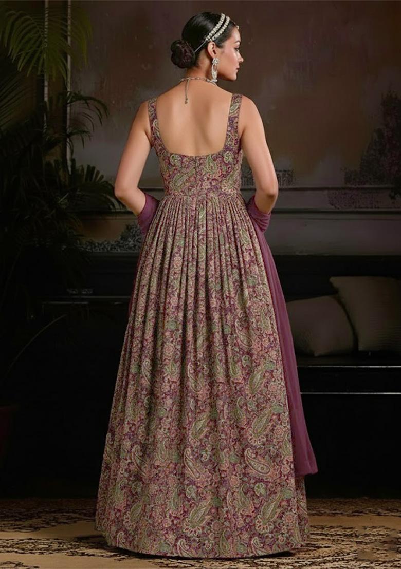 Wine Paisley Print Crepe Anarkali With Dupatta - Indya