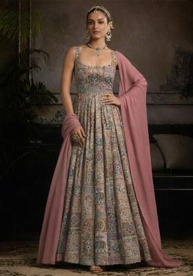 Pink Figure Print Crepe Anarkali With Dupatta