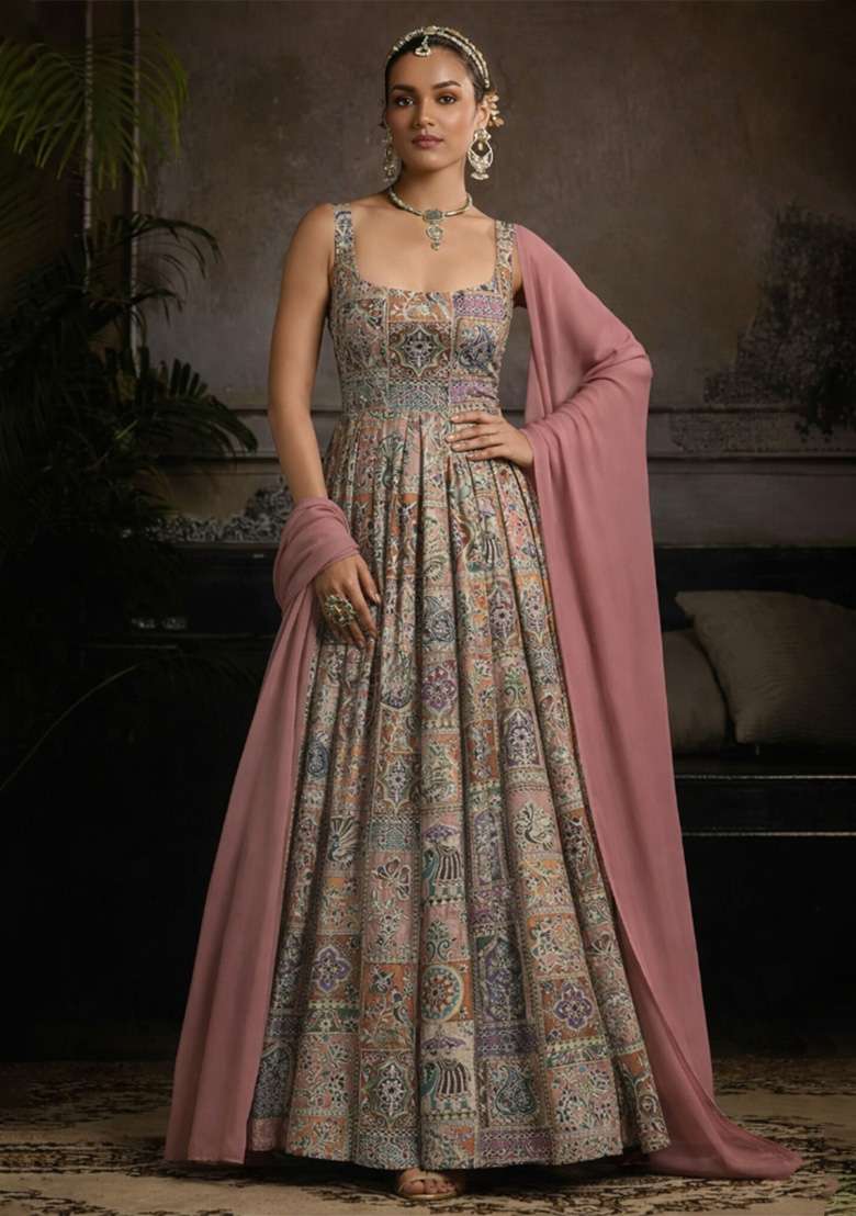 Pink Figure Print Crepe Anarkali With Dupatta - Indya