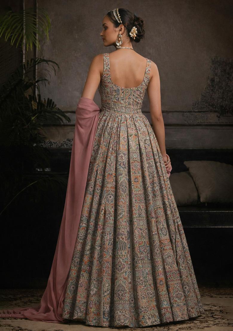 Pink Figure Print Crepe Anarkali With Dupatta - Indya