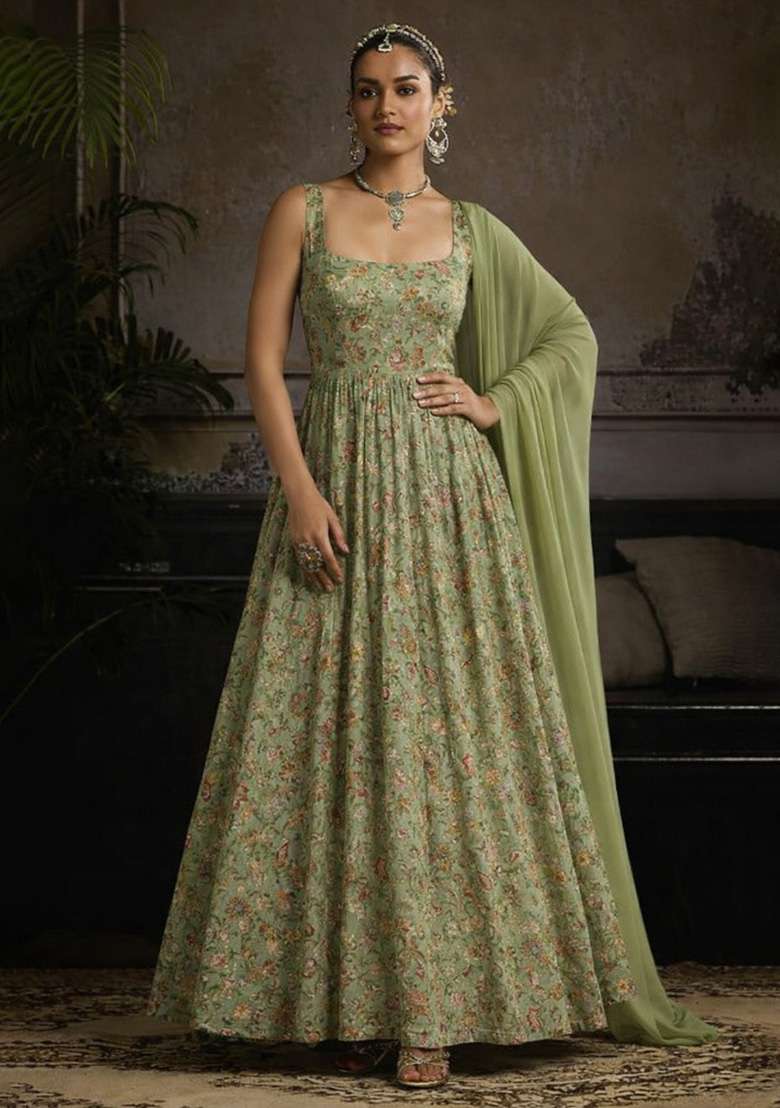 Sage Green Figure Print Crepe Anarkali With Dupatta - Indya