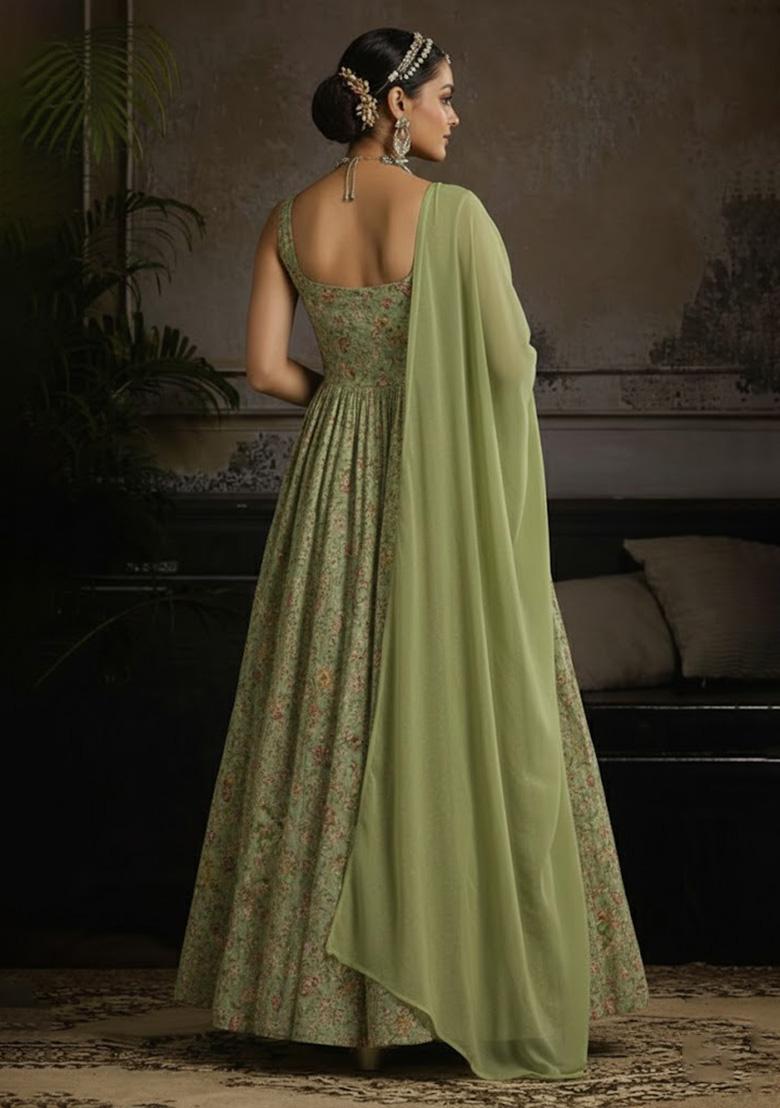 Sage Green Figure Print Crepe Anarkali With Dupatta - Indya