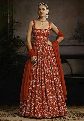 Red Embroidered Crepe Anarkali With Dupatta